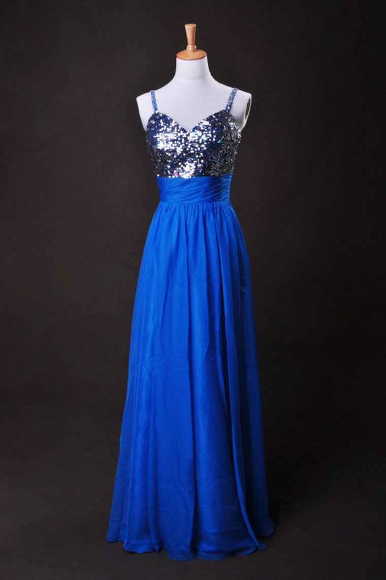 Cheap Prom Dresses Blue A Line Spaghetti Straps Floor Length Chiffon Cz