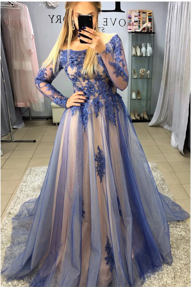 A-Line Long Sleeves Sweep Train Prom Dresses With SJSPB3SD2T7