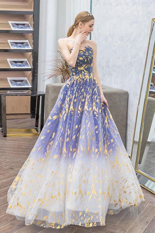 Charming Ombre Puffy Strapless Sparkly Prom Dress, Sexy Long Sleeveless Party Dresses SJS15118