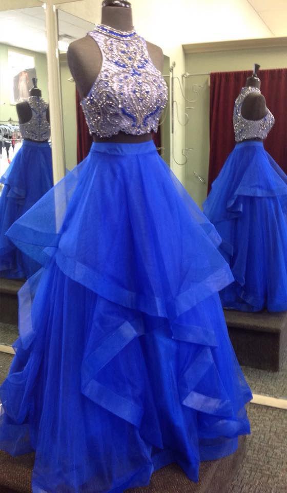 Royal Blue Two Piece Beaded Bodice Tulle Skirt Ball Gown Halter Sleeveless Prom Dresses JS224