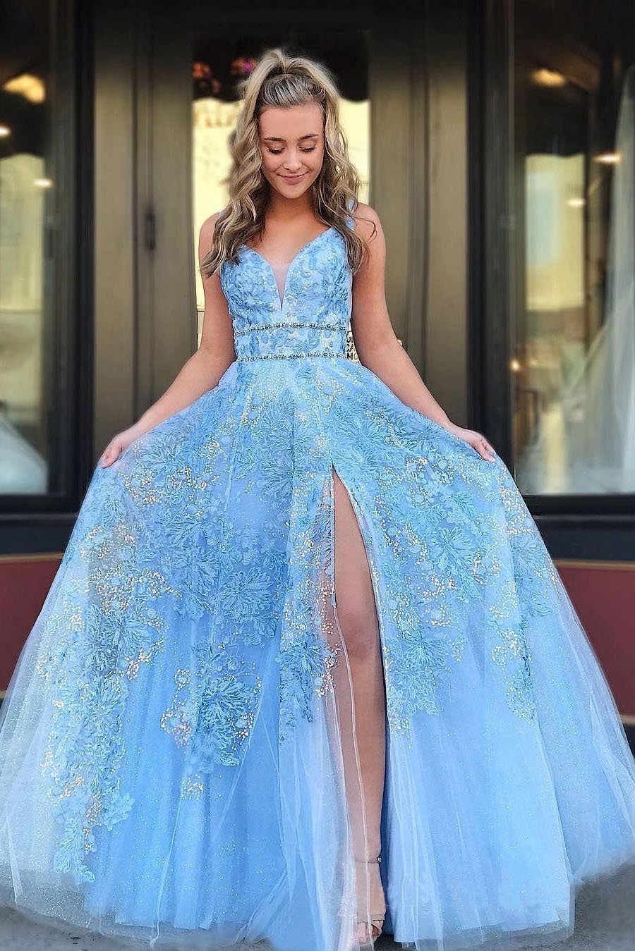 Elegant A Line Lace Appliques Blue V Neck Prom Dresses, Long Evening SJS15635