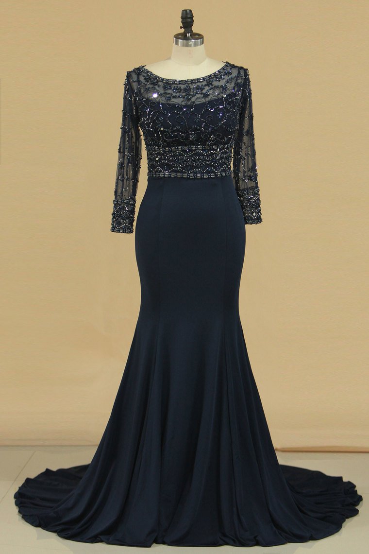 Dark Navy Spandex Scoop 3/4 Length Sleeves Beaded Bodice Mother Of The Bride Dresses Mermaid/Trumpet