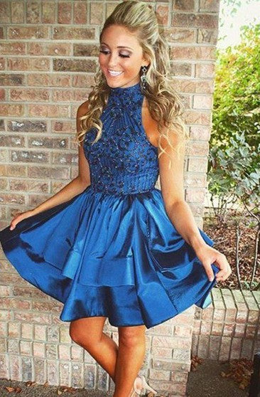 Pretty A-line High Neck Above-knee Beaded Dark Blue Backless Short Homecoming Dresses JS165