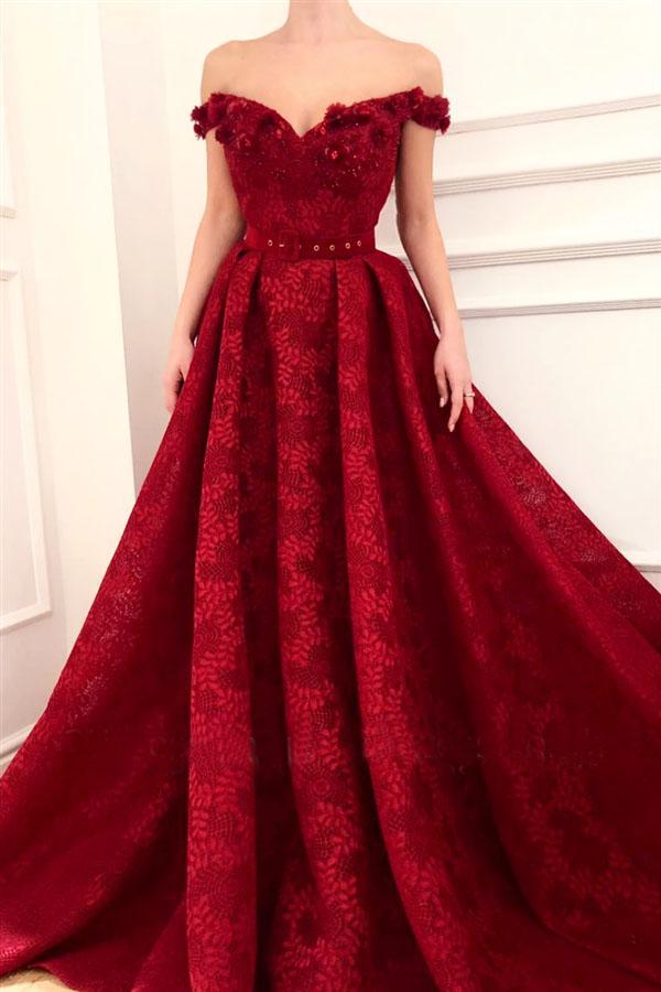 Charming Red Lace Off the Shoulder Prom Dresses, V Neck Handmade Flowers Party Dresses SJS15121