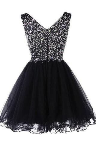 Sparkly Classy Short Sleeveless Cute V-Neck Beaded Tulle Crystals Homecoming Dresses JS772