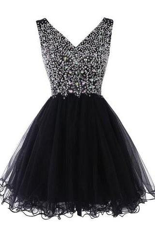 Sparkly Classy Short Sleeveless Cute V-Neck Beaded Tulle Crystals Homecoming Dresses JS772