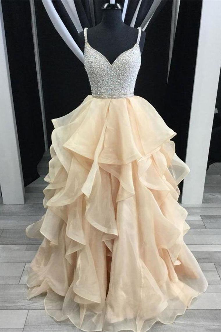 Newest Spaghetti Straps Ball Gown Beading Champagne Princess Prom Dresses Quinceanera Dresses