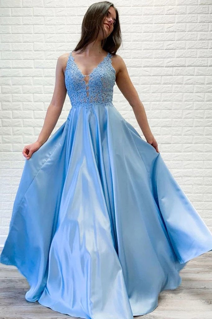 Flowy A-line V Neck Lace Long Prom Dresses Blue Satin Open Back Evening Party Dresses SJS15229