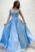 Flowy A-line V Neck Lace Long Prom Dresses Blue Satin Open Back Evening Party Dresses SJS15229