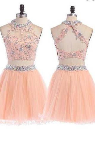 Peach Homecoming dress 2 pieces homecoming dress short homecoming dress JS897