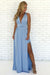 A-Line V Neck Criss Cross Light Blue Chiffon Long Prom Dresses with Split, Formal Dresses SJS15053