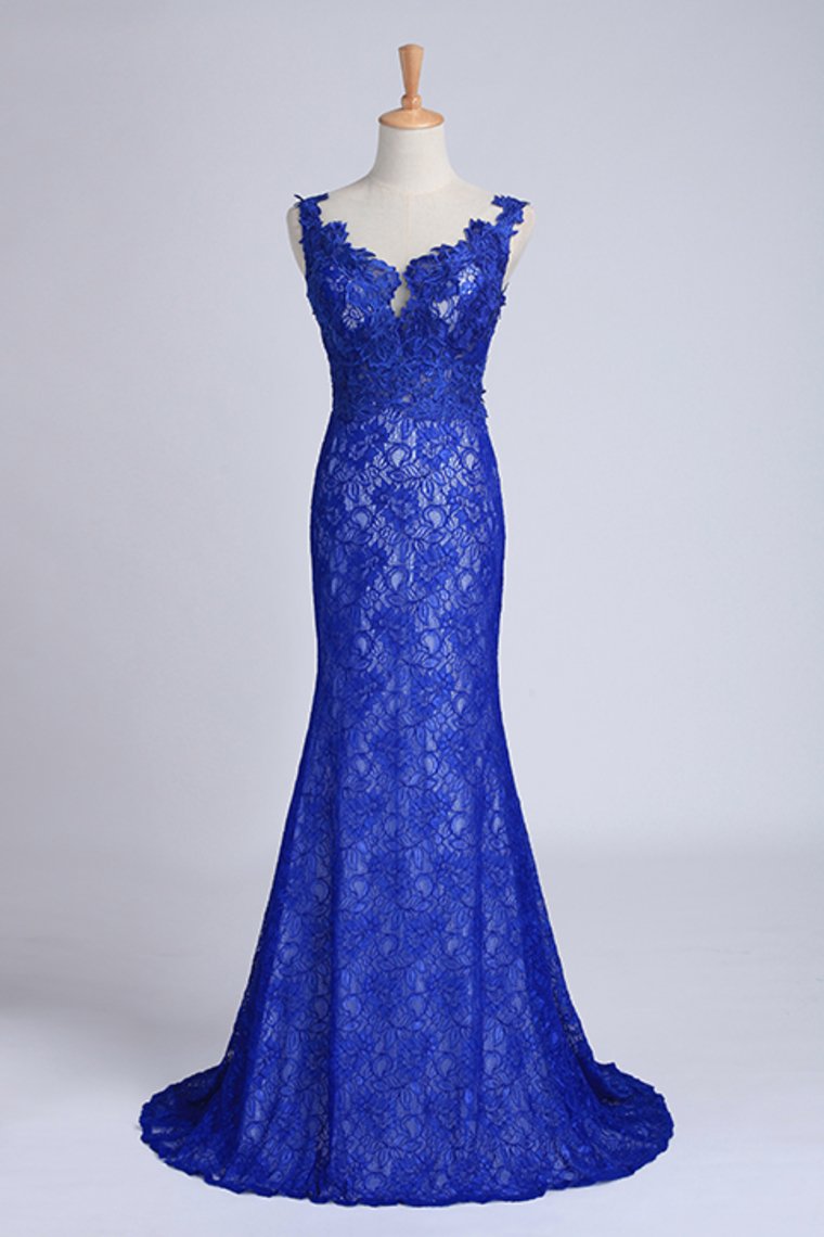 Evening Dresses Bateau Mermaid With Deep V Shape Back Lace&Tulle Dark Royal Blue