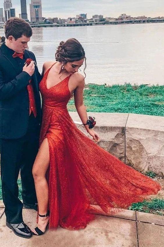 Sparkly V Neck A Line Red Spaghetti Straps Prom Dresses with Slit, Evening SJS15675