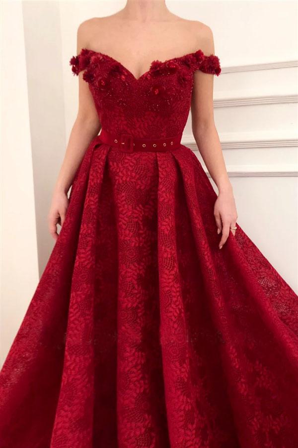 Charming Red Lace Off the Shoulder Prom Dresses, V Neck Handmade Flowers Party Dresses SJS15121