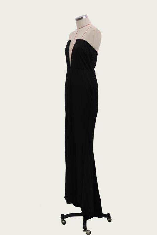 Sexy Black Mermaid V Neck Strapless Prom Dresses with Slit, Evening SJS20435