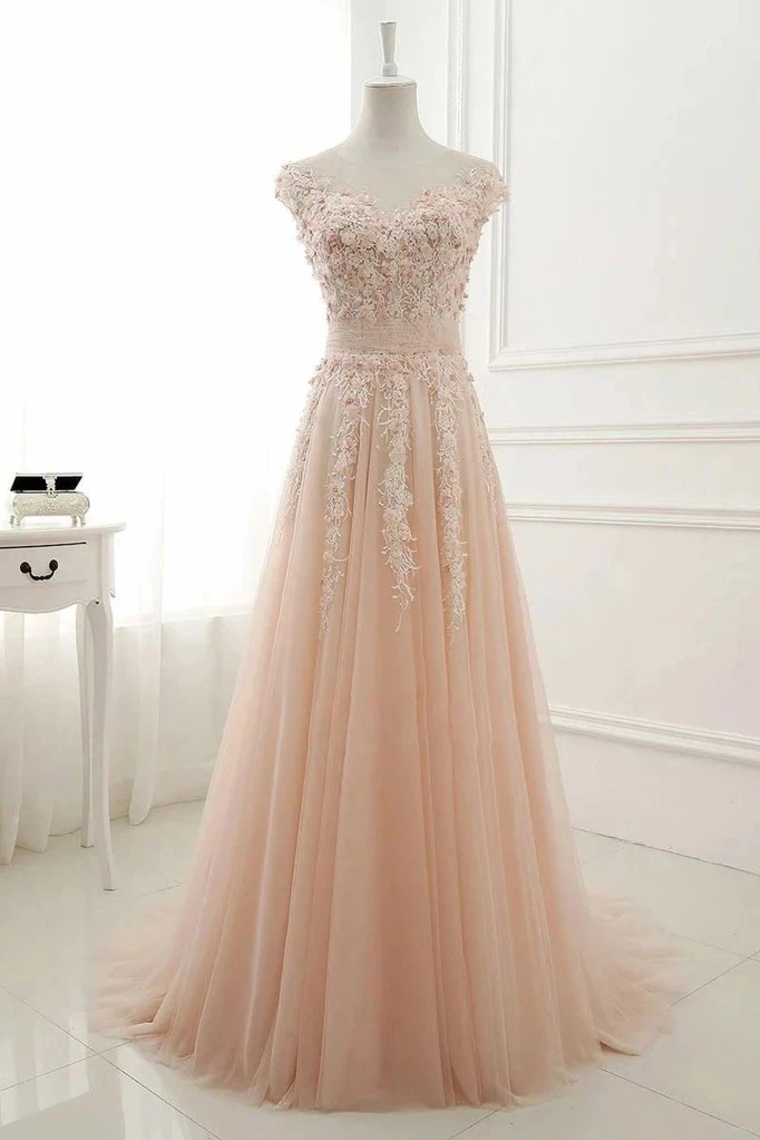 A Line Sheer Neck Cap Sleeves Tulle Prom Dresses Appliques Sweep Train Formal SJSPTEXZSTC