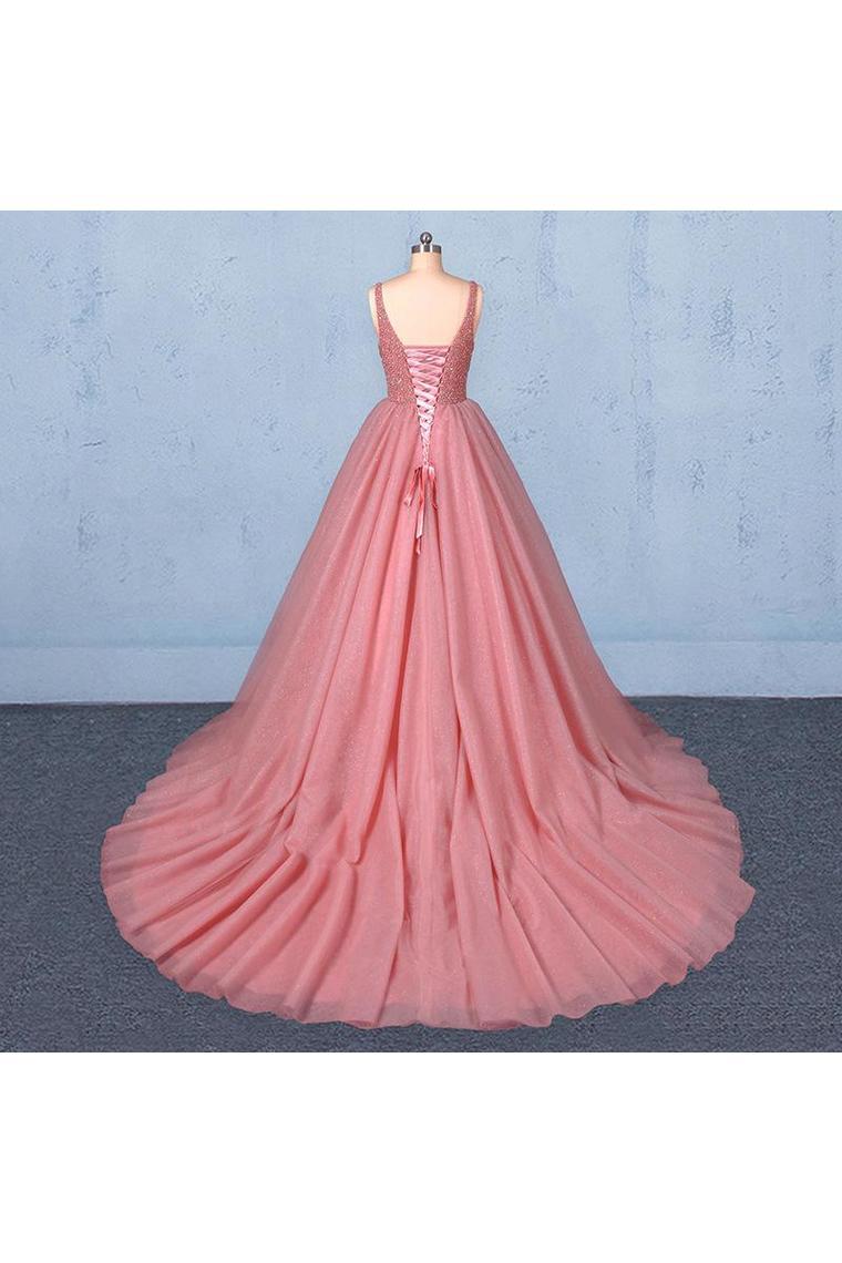 Ball Gown V Neck Tulle Prom Dress With Beads, Puffy Sleeveless Quinceanera Dresses