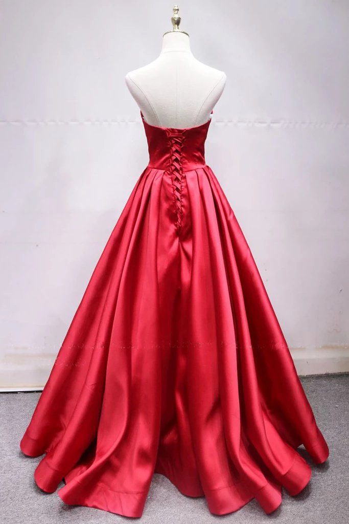 A Line Sweetheart Red Satin Lace Up Long Prom Dresses with Bowknot, Cheap Formal Dresses SJS15035