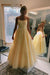 A Line Yellow Tulle Prom Dresses with Lace Appliques, Criss Cross Straps Formal Dresses SJS15047