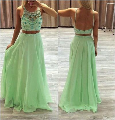 Two Pieces Green Chiffon Rhinestone Backless Scoop A-Line Beads Prom Dresses JS955