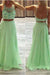 Two Pieces Green Chiffon Rhinestone Backless Scoop A-Line Beads Prom Dresses JS955