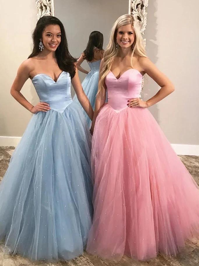 Unique Ball Gown Sweetheart Strapless Tulle Prom Dresses, Cheap Formal SJS20474