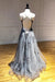 A Line Spaghetti Straps Lace Silver Long Prom Dresses with Applique Open Back Party Dresses SJS15027