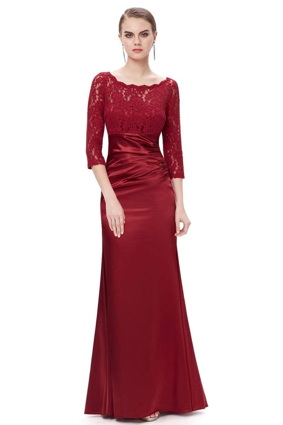 Elegant 3/4 Sleeve Lace Burgundy Formal Dresses Bateau Mermaid Evening Dresses SJS15142