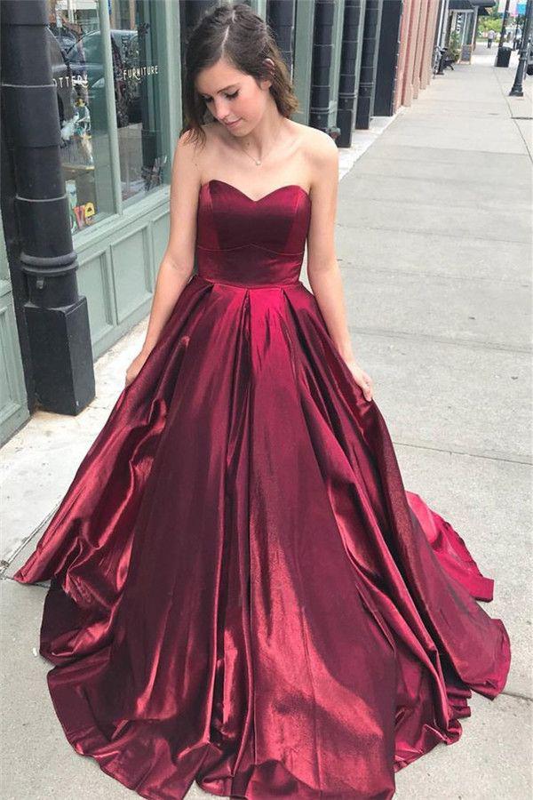 Unique A Line Burgundy Sweetheart Strapless Satin Prom Dresses, Simple Party Dress SJS15602