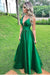 Elegant A Line Green Sexy V Neck Long Satin Backless Prom Dresses, Evening Dresses SJS15509