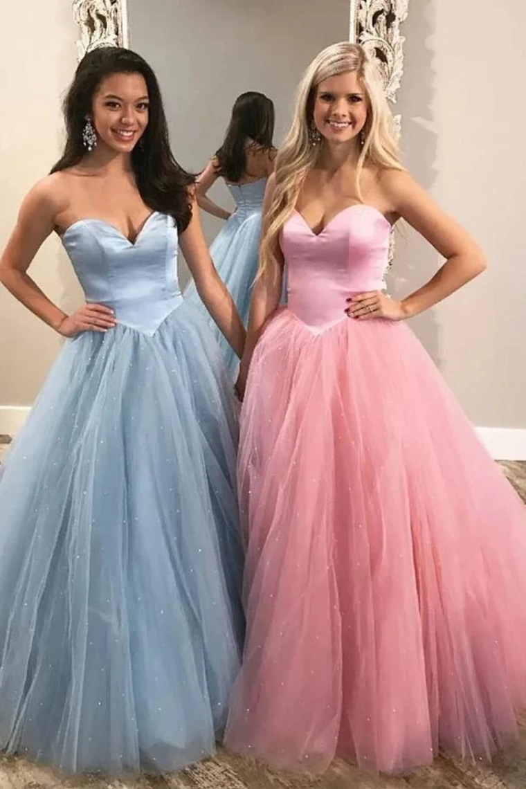 Unique Ball Gown Sweetheart Strapless Tulle Prom Dresses Cheap Formal SJSP9XCMAHS