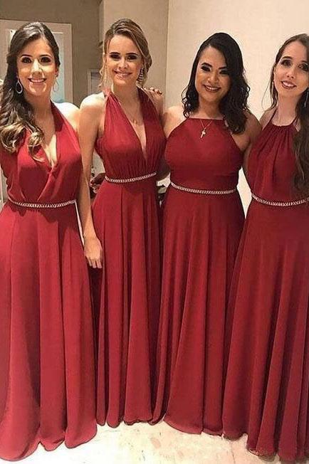 Elegant A Line Chiffon Red Crystal Maid of Honor, Bridesmaid Dresses with SJS20459