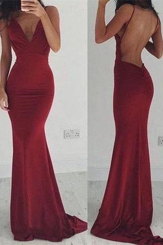 Sexy Backless Cocktail V-Neck Mermaid Spaghetti Straps Sleeveless Burgundy Prom Dresses JS32