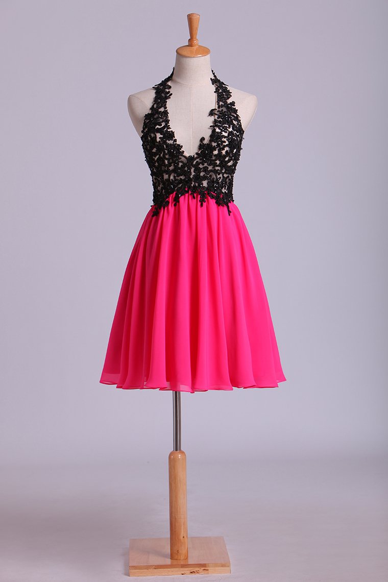 Halter A Line Short Homecoming Dresses With Black Applique