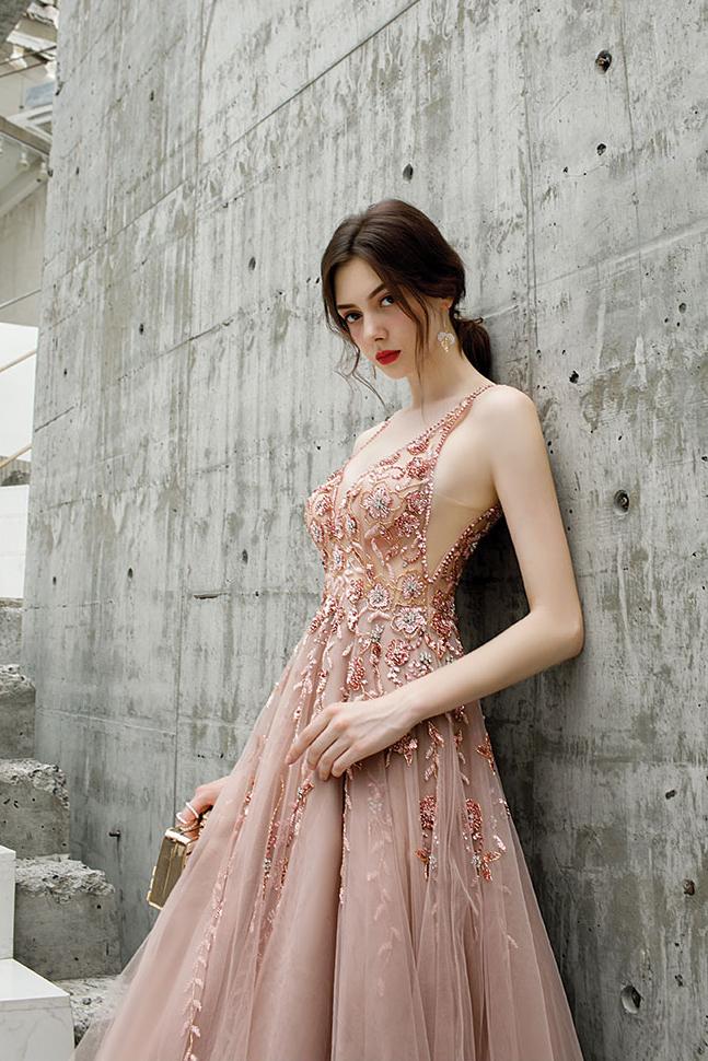 A Line V Neck Pink Beads Straps Prom Dresses Lace up, Long Dance SJS15615