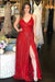 Sparkly V Neck A Line Red Spaghetti Straps Prom Dresses with Slit, Evening SJS20447