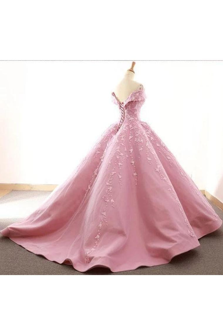 Ball Gown Off The Shoulder Satin Prom Dress With Appliques Long Quinceanera SJSPDJZ6JB1