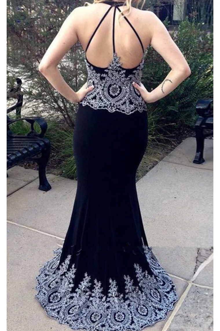 Dark Navy Blue Mermaid Prom Dresses With Appliques Charming Long Formal SJSPESSR754