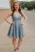 A-Line Spaghetti Straps Backless Blue Lace Homecoming Dress