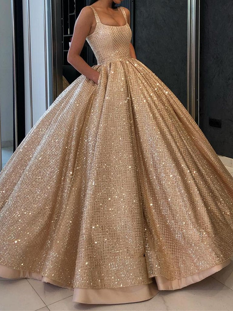 Ball Gown Prom Dress with Pockets Beads Sequins Floor-Length Gold Quinceanera Dresses