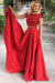 Elegant Red Two Pieces Beads Cap Sleeves Satin Evening Dresses Prom Dresses JS323