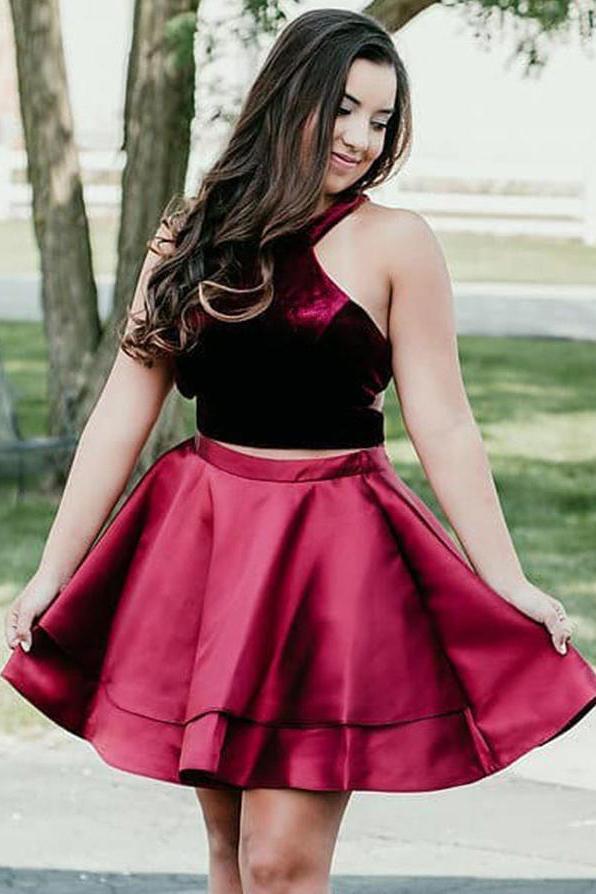 Cute A Line Burgundy Taffeta Two Pieces Halter Homecoming Dresses with Pockets JS978