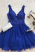 Cute A Line V Neck Chiffon Beads Royal Blue Short Homecoming Dresses with Appliques JS936