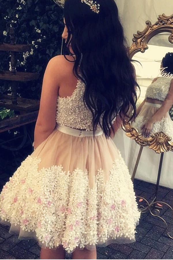 Cute Tulle Lace Round Neck Lace Appliques Two Pieces Short Homecoming Dresses JS952