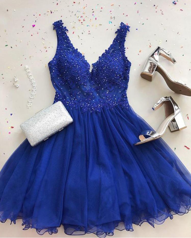 Cute A Line V Neck Chiffon Beads Royal Blue Short Homecoming Dresses with Appliques JS936