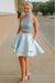 Cute Two Piece High Neck Pockets Satin Short Light Blue Beaded Homecoming Dresses JS08