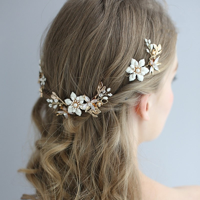 Gold Floral Bridal Headpiece Hair Pin Clip Handmade Leaf Wedding Hair Ornament Prom Jewelry