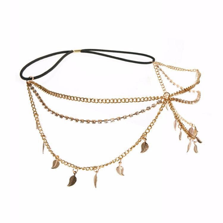 Bohemian Gold Color Metal Leaves Tassel Rhinestone Party Headpieces