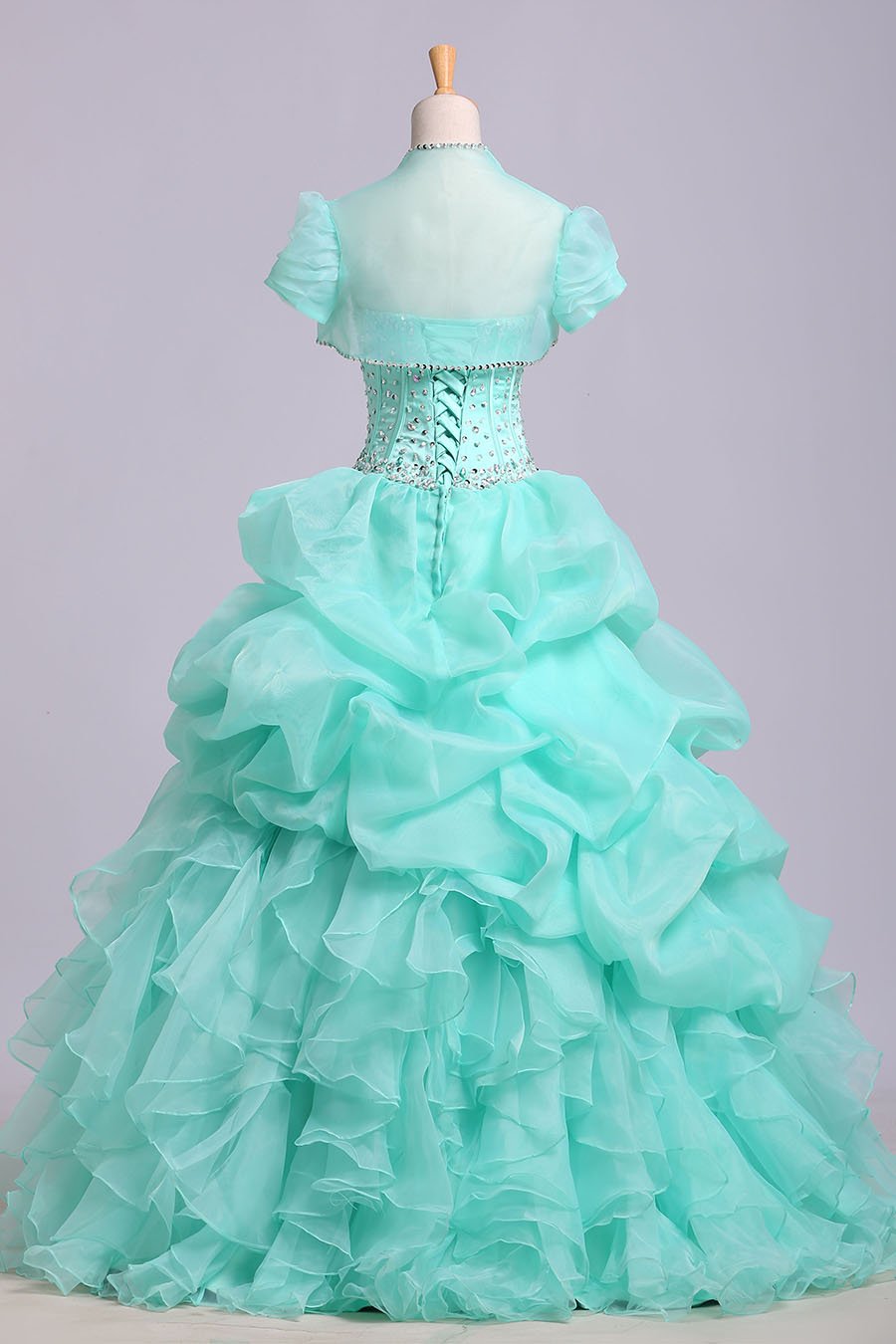 Ball Gown Sweetheart Organza Beads Lace up Ruffles Tiffany Blue Prom Quinceanera Dresses JS178