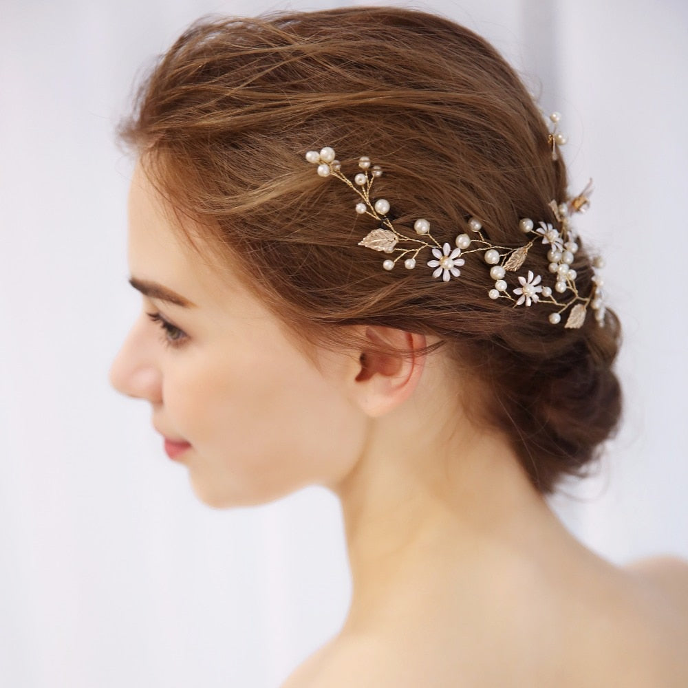 Gold Flower Crystal Pearl Bridal Headband Wedding Headpiece